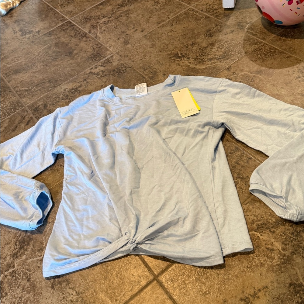🍯Light Blue Knot Front Long Sleeve soft crew Top